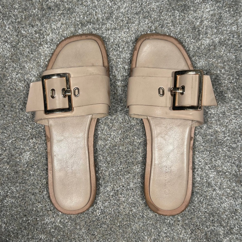 Catwalk Womens‎ Beige Square Toe Buckle Slide Sandals Tan Slip On Flats Size 38